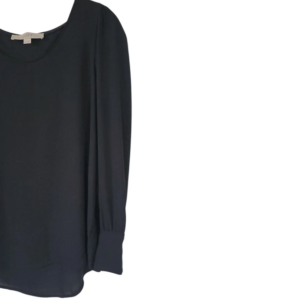 LOFT Small Petite Black Semi Sheer Blouse Puff Sleeve Button Cuff Classic Top